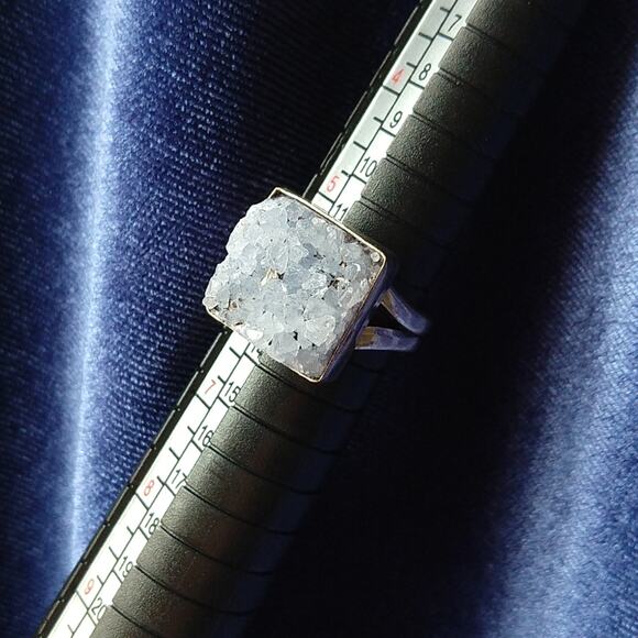 Natural Crystal Square Silver Ring size 5.75 reflective sparkly gemstone - Picture 11 of 14